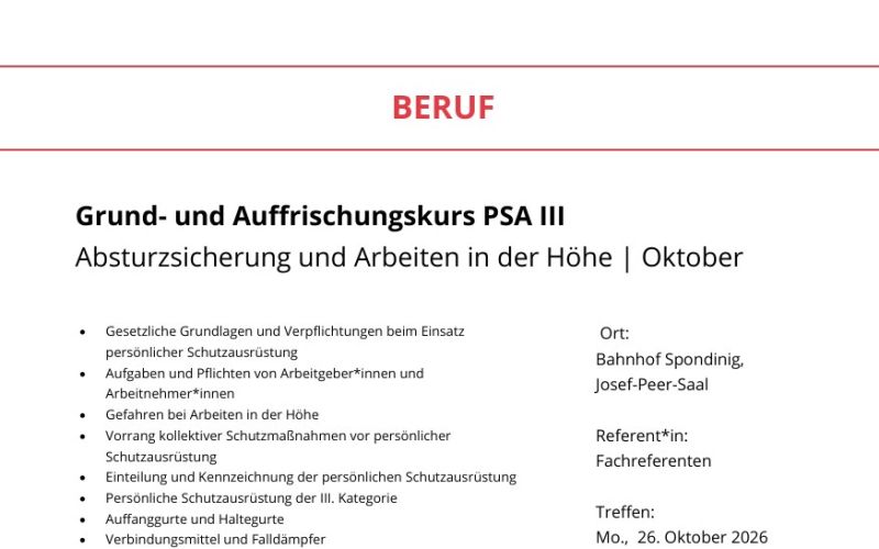Seite aus dem Programmheft: Grund- und Auffrischungskurs PSA III Absturzsicherung und Arbeiten in der Höhe | Oktober