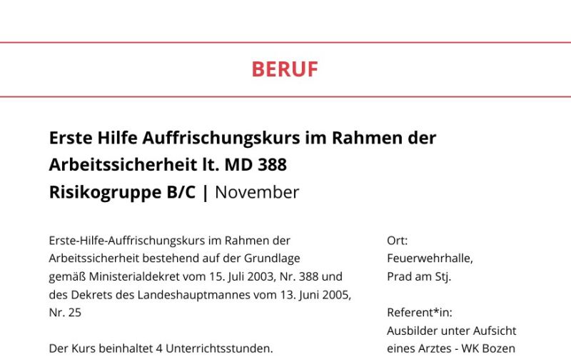Seite aus dem Programmheft: Erste Hilfe Auffrischungskurs im Rahmen der Arbeitssicherheit lt. MD 388 Risikogruppe B/C | November
