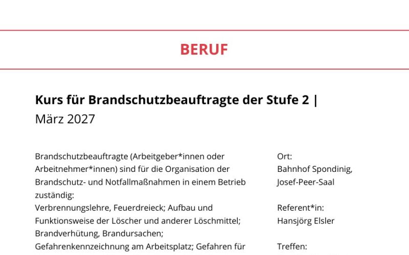 Seite aus dem Programmheft: Kurs für Brandschutzbeauftragte der Stufe 2 | März 2027