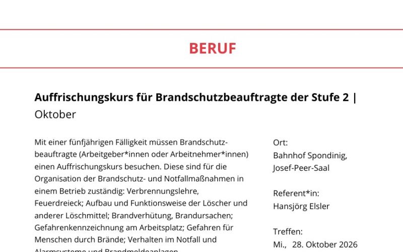 Seite aus dem Programmheft: Auffrischungskurs für Brandschutzbeauftragte der Stufe 2 | Oktober