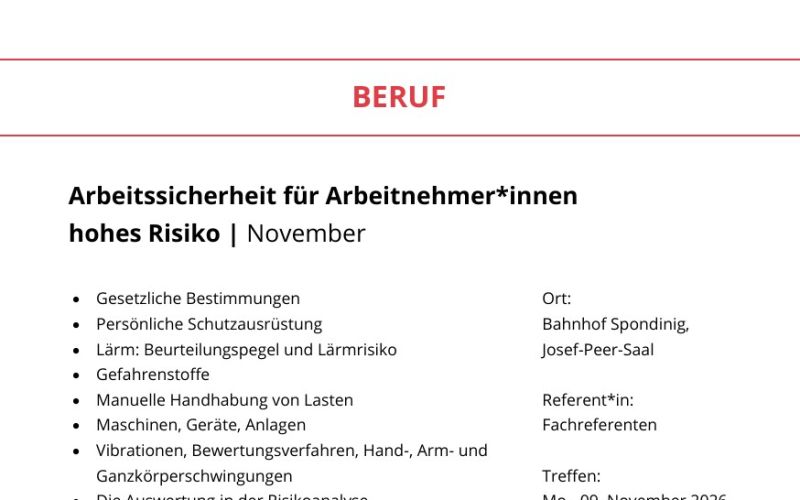 Seite aus dem Programmheft: Arbeitssicherheit für Arbeitnehmer*innen hohes Risiko | November