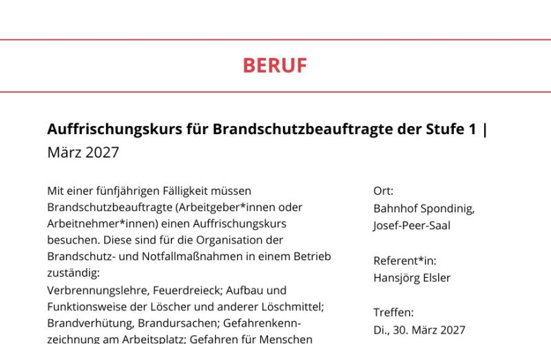 Seite aus dem Programmheft: Auffrischungskurs für Brandschutzbeauftragte der Stufe 1 | März 2027