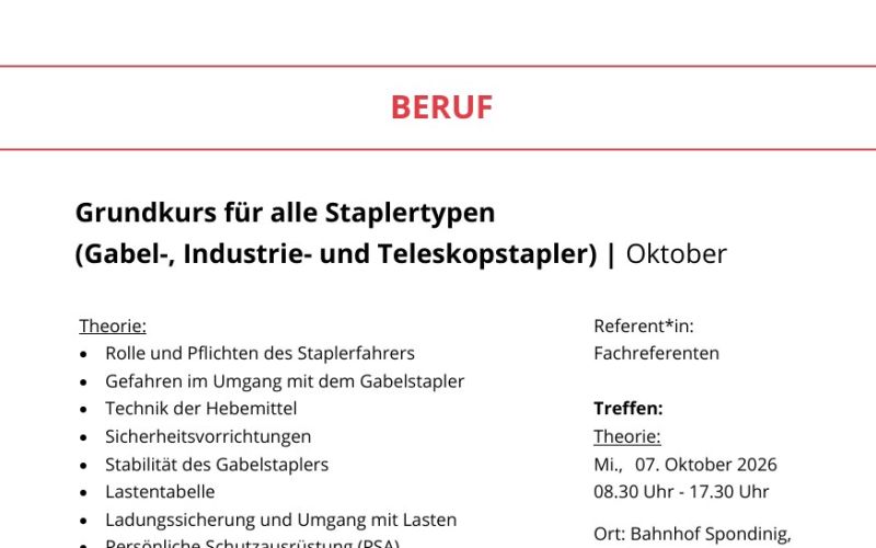 Seite aus dem Programmheft: Grundkurs für alle Staplertypen (Gabel-, Industrie- und Teleskopstapler) | Oktober