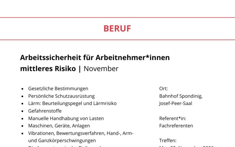 Seite aus dem Programmheft: Arbeitssicherheit für Arbeitnehmer*innen mittleres Risiko | November