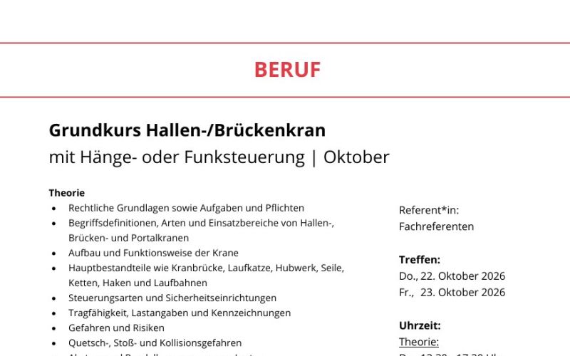 Seite aus dem Programmheft: Grundkurs Hallen-/Brückenkran mit Hänge- oder Funksteuerung | Oktober