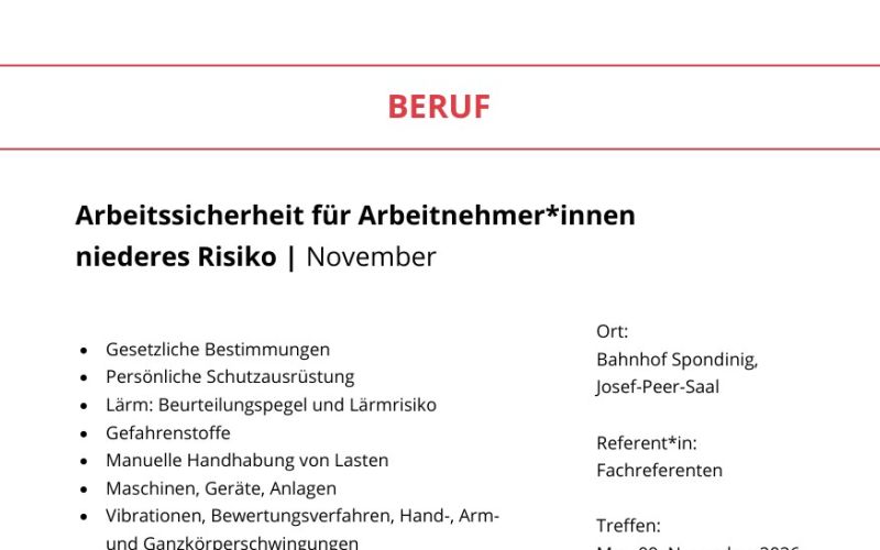 Seite aus dem Programmheft: Arbeitssicherheit für Arbeitnehmer*innen niederes Risiko | November