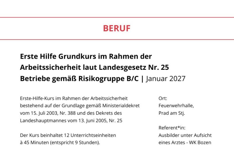 Seite aus dem Programmheft: Erste Hilfe Grundkurs im Rahmen der Arbeitssicherheit laut Landesgesetz Nr. 25 Betriebe gemäß Risikogruppe B/C | Januar 2027