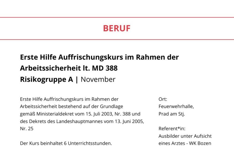 Seite aus dem Programmheft: Erste Hilfe Auffrischungskurs im Rahmen der Arbeitssicherheit lt. MD 388 Risikogruppe A | November