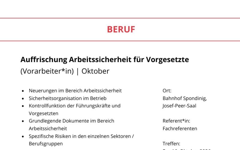 Seite aus dem Programmheft: Auffrischung Arbeitssicherheit für Vorgesetzte (Vorarbeiter*in) | Oktober