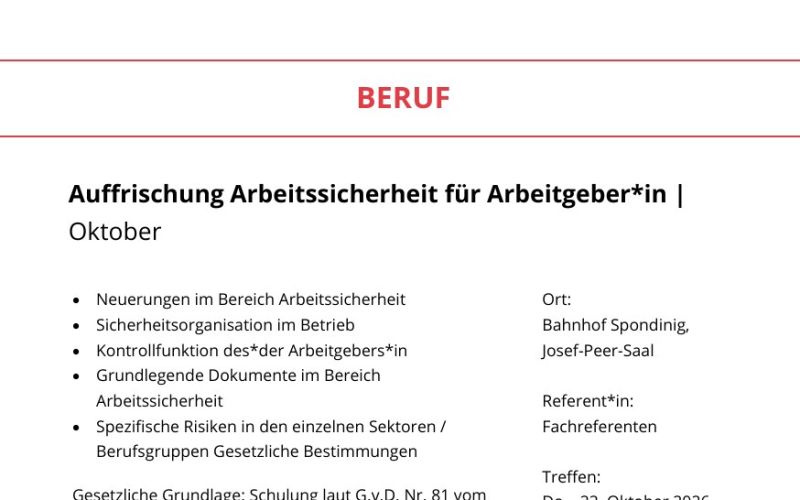 Seite aus dem Programmheft: Auffrischung Arbeitssicherheit für Arbeitgeber*in | Oktober