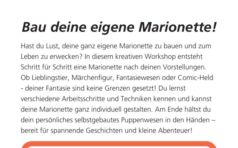 Seite aus dem Programmheft: Bau deine eigene Marionette!