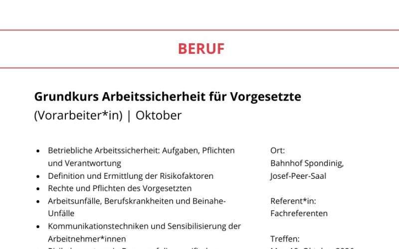 Seite aus dem Programmheft: Grundkurs Arbeitssicherheit für Vorgesetzte (Vorarbeiter*in) | Oktober