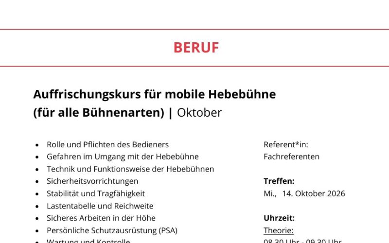 Seite aus dem Programmheft: Auffrischungskurs für mobile Hebebühne (für alle Bühnenarten) | Oktober