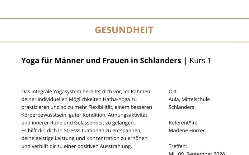 Seite aus dem Programmheft: Yoga für Männer und Frauen in Schlanders | Kurs 1