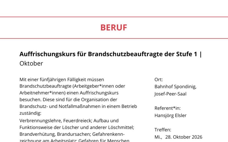 Seite aus dem Programmheft: Auffrischungskurs für Brandschutzbeauftragte der Stufe 1 | Oktober