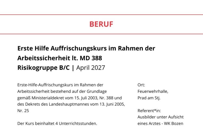 Seite aus dem Programmheft: Erste Hilfe Auffrischungskurs im Rahmen der Arbeitssicherheit lt. MD 388 Risikogruppe B/C | April 2027