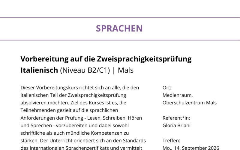 Seite aus dem Programmheft: Vorbereitung auf die Zweisprachigkeitsprüfung Italienisch (Niveau B2/C1) | Mals