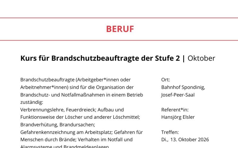 Seite aus dem Programmheft: Kurs für Brandschutzbeauftragte der Stufe 2 | Oktober
