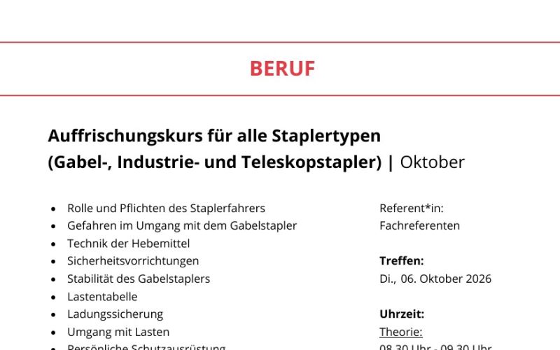 Seite aus dem Programmheft: Auffrischungskurs für alle Staplertypen (Gabel-, Industrie- und Teleskopstapler) | Oktober