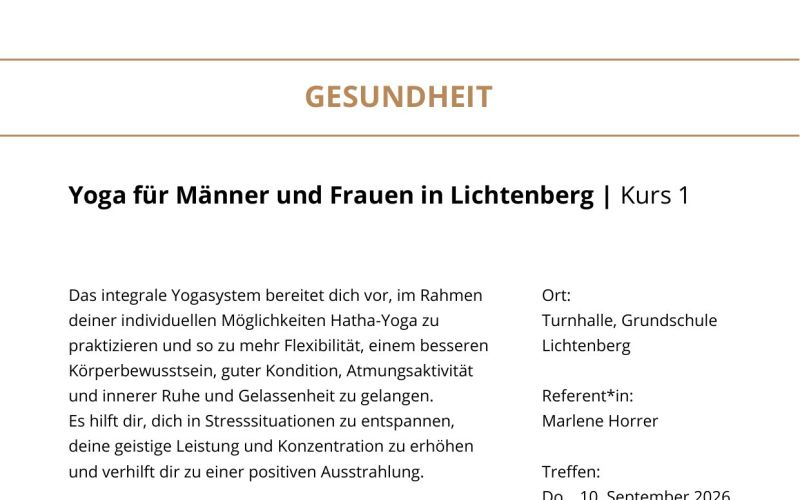 Seite aus dem Programmheft: Yoga für Männer und Frauen in Lichtenberg | Kurs 1