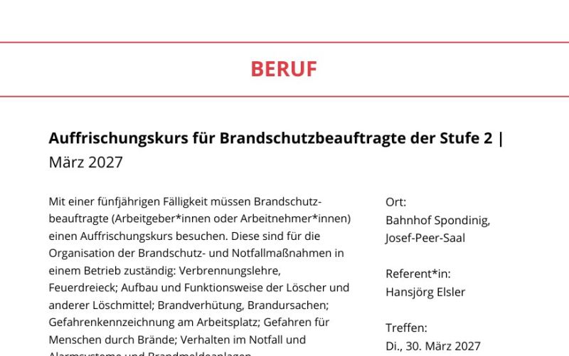 Seite aus dem Programmheft: Auffrischungskurs für Brandschutzbeauftragte der Stufe 2 | März 2027