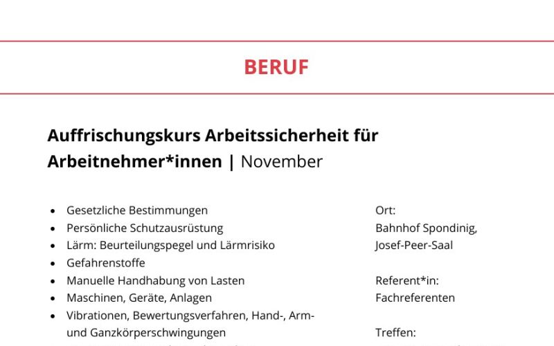 Seite aus dem Programmheft: Auffrischungskurs Arbeitssicherheit für Arbeitnehmer*innen | November
